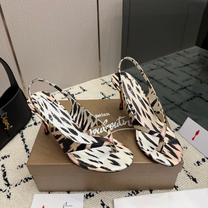 CHRISTIAN LOUBOUTIN 26S THONG SLINGBACK HEELS 85 MM IN ANIMAL-PRINT SATIN