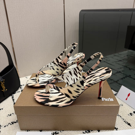 CHRISTIAN LOUBOUTIN 26S THONG SLINGBACK HEELS 85 MM IN ANIMAL-PRINT SATIN