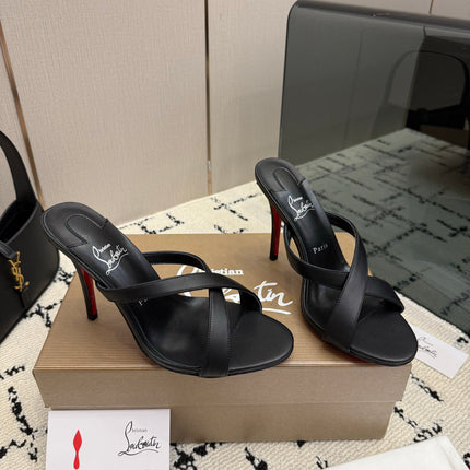 CHRISTIAN LOUBOUTIN 26S CROSS-STRAP HIGH HEEL SANDALS 105 MM IN BLACK CALFSKIN