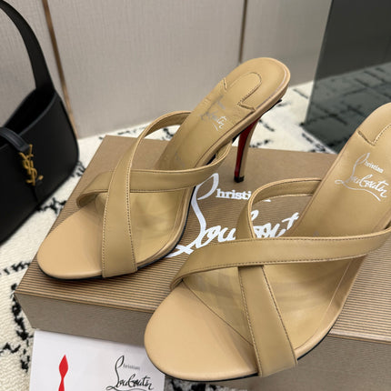 CHRISTIAN LOUBOUTIN 26S CROSS-STRAP HIGH HEEL SANDALS 105 MM IN BEIGE CALFSKIN