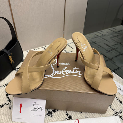 CHRISTIAN LOUBOUTIN 26S CROSS-STRAP HIGH HEEL SANDALS 105 MM IN BEIGE CALFSKIN