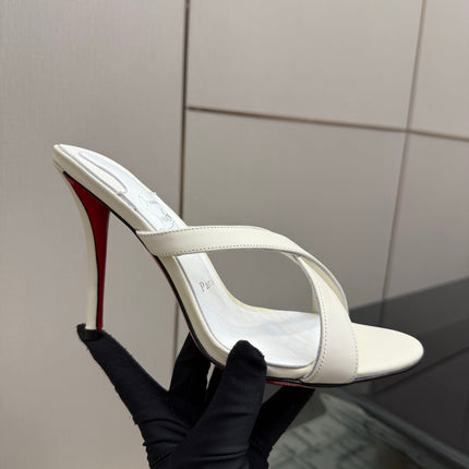 CHRISTIAN LOUBOUTIN 26S CROSS-STRAP HIGH HEEL SANDALS 105 MM IN CREAM WHITE CALFSKIN