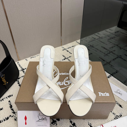 CHRISTIAN LOUBOUTIN 26S CROSS-STRAP HIGH HEEL SANDALS 105 MM IN CREAM WHITE CALFSKIN