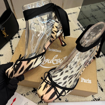 CHRISTIAN LOUBOUTIN 26S BOW-TIE HIGH HEEL 65 MM IN BLACK MIX BEIGE SATIN