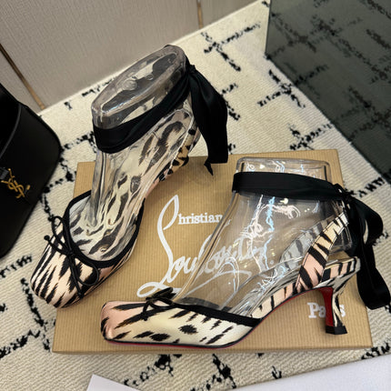 CHRISTIAN LOUBOUTIN 26S BOW-TIE HIGH HEEL 65 MM IN BLACK MIX BEIGE SATIN