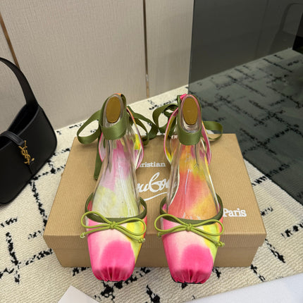 CHRISTIAN LOUBOUTIN 26S FLAT SHOES IN PISTACHIO GREEN AND PINK SATIN