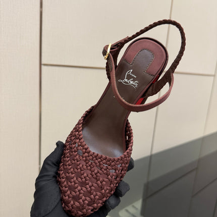 CHRISTIAN LOUBOUTIN 26S HEEL SANDALS 85 MM IN WINE RED WOVEN LEATHER
