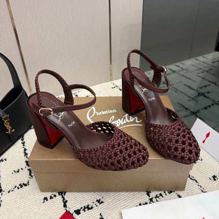 CHRISTIAN LOUBOUTIN 26S HEEL SANDALS 85 MM IN WINE RED WOVEN LEATHER
