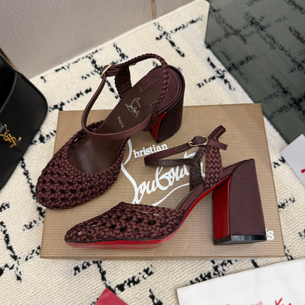 CHRISTIAN LOUBOUTIN 26S HEEL SANDALS 85 MM IN WINE RED WOVEN LEATHER