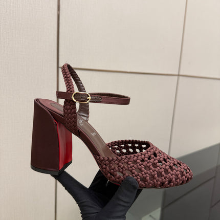 CHRISTIAN LOUBOUTIN 26S HEEL SANDALS 85 MM IN WINE RED WOVEN LEATHER