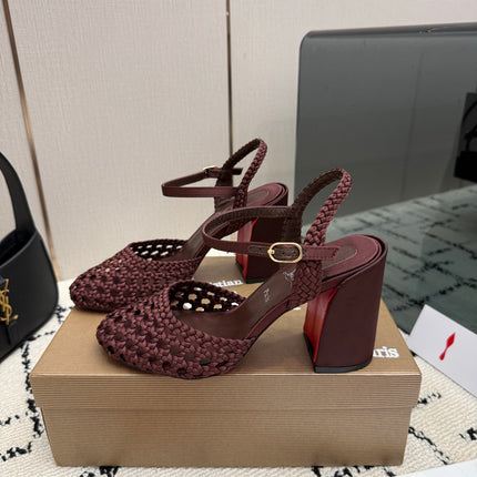 CHRISTIAN LOUBOUTIN 26S HEEL SANDALS 85 MM IN WINE RED WOVEN LEATHER