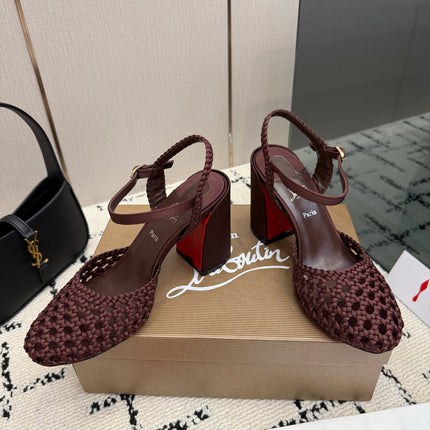 CHRISTIAN LOUBOUTIN 26S HEEL SANDALS 85 MM IN WINE RED WOVEN LEATHER