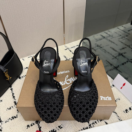 CHRISTIAN LOUBOUTIN 26S HEEL SANDALS 85 MM IN BLACK WOVEN LEATHER