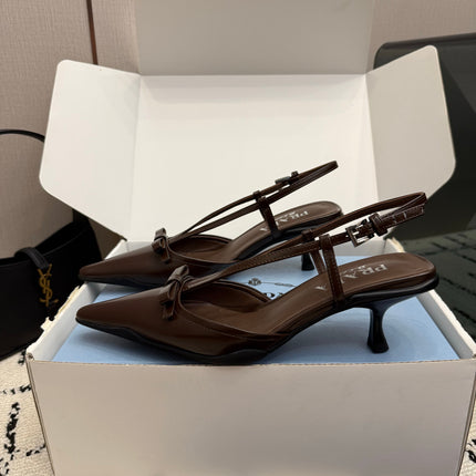 PRADA 26S POINTED TOE SLINGBACK KITTEN HEELS IN BROWN CALFSKIN WITH BOW