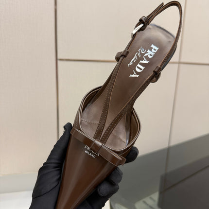 PRADA 26S POINTED TOE SLINGBACK KITTEN HEELS IN BROWN CALFSKIN WITH BOW