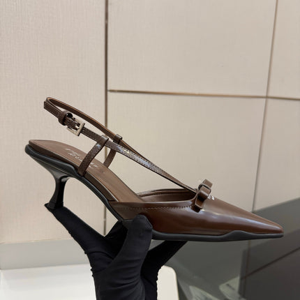 PRADA 26S POINTED TOE SLINGBACK KITTEN HEELS IN BROWN CALFSKIN WITH BOW