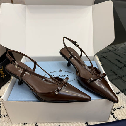 PRADA 26S POINTED TOE SLINGBACK KITTEN HEELS IN BROWN CALFSKIN WITH BOW