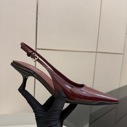 PRADA 26S BUCKLE STRAP SLINGBACK PUMPS IN DARK RED CALFSKIN