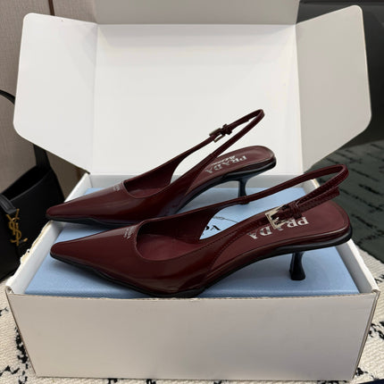PRADA 26S BUCKLE STRAP SLINGBACK PUMPS IN DARK RED CALFSKIN