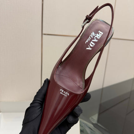 PRADA 26S BUCKLE STRAP SLINGBACK PUMPS IN DARK RED CALFSKIN