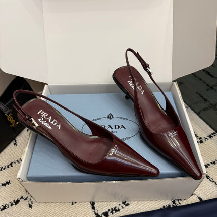 PRADA 26S BUCKLE STRAP SLINGBACK PUMPS IN DARK RED CALFSKIN