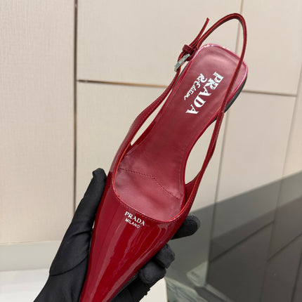 PRADA 26S BUCKLE STRAP SLINGBACK PUMPS IN DARK RED PATENT CALFSKIN
