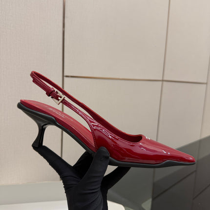 PRADA 26S BUCKLE STRAP SLINGBACK PUMPS IN DARK RED PATENT CALFSKIN