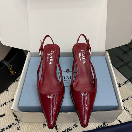 PRADA 26S BUCKLE STRAP SLINGBACK PUMPS IN DARK RED PATENT CALFSKIN