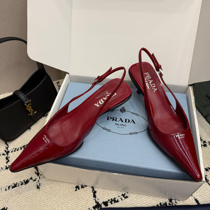 PRADA 26S BUCKLE STRAP SLINGBACK PUMPS IN DARK RED PATENT CALFSKIN