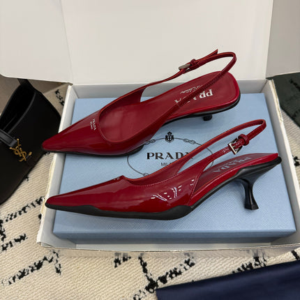 PRADA 26S BUCKLE STRAP SLINGBACK PUMPS IN DARK RED PATENT CALFSKIN