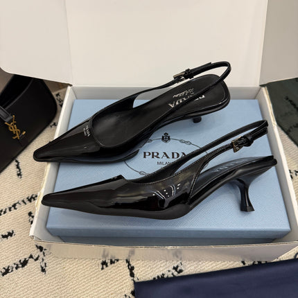 PRADA 26S BUCKLE STRAP SLINGBACK PUMPS IN BLACK PATENT CALFSKIN