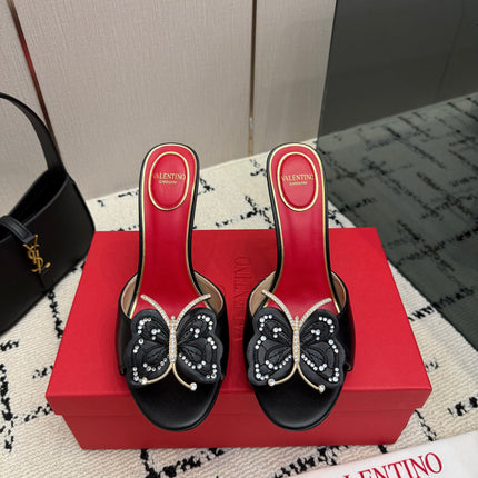 VALENTINO 26S BUTTERFLY HEEL SANDALS IN BLACK CALFSKIN