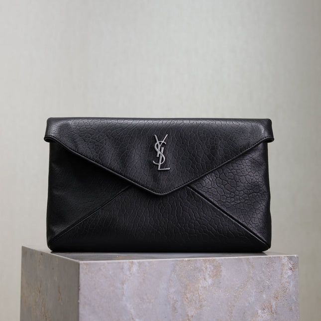 YSL 25S CASSANDRE LARGE ENVELOPE POUCH 29 IN BLACK CALFSKIN GRAY HARDWARE