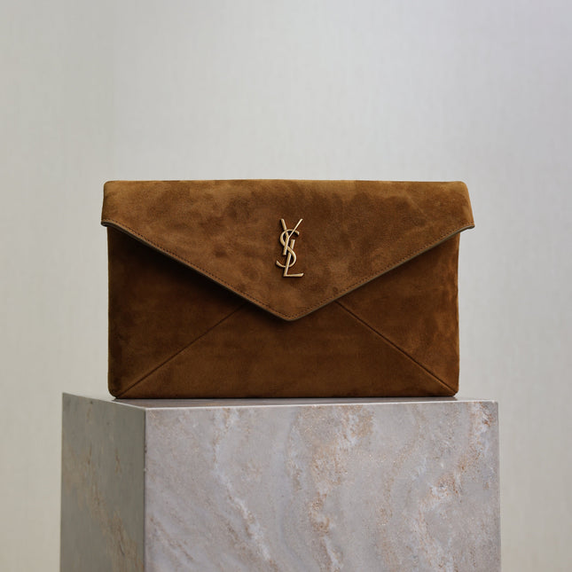 YSL 25S CASSANDRE LARGE ENVELOPE POUCH 29 IN BURNT UMBER SUEDE GOLD HARDWARE