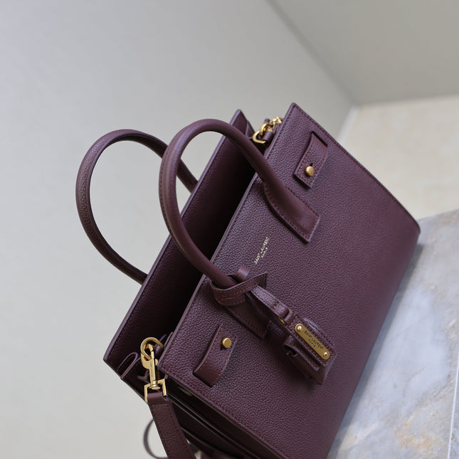 YSL 25S SAC DE JOUR MM 26 IN ROUGE CABERNET SUPPLE GRAINED CALFSKIN