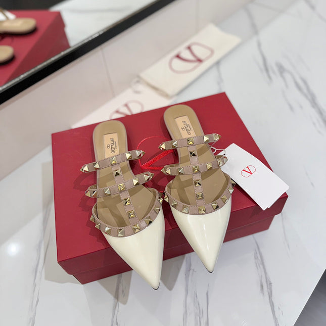 VALENTINO 26S STUDDED FLAT MULES IN WHITE PATENT CALFSKIN