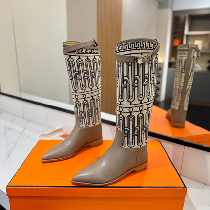 HM 26S JUMPING BOOTS IN DARK GREY CALFSKIN AND BEIGE CANVAS