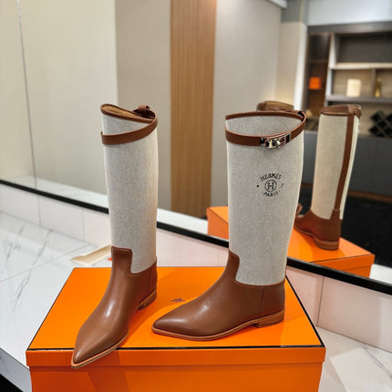 HM 26S JUMPING BOOTS IN BROWN CALFSKIN AND BEIGE CANVAS WITH SILVER HARDWARE