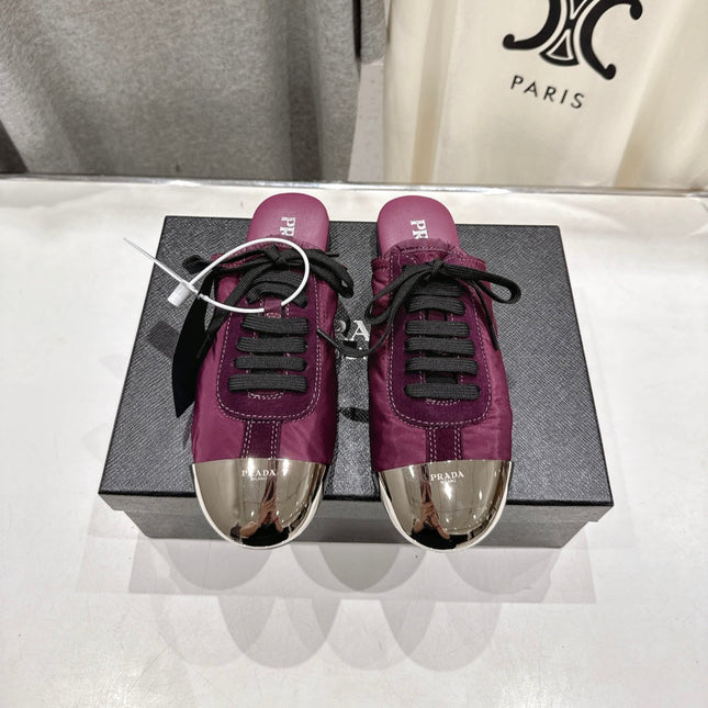 PRADA 25S MULES IN PLUM WITH METAL TOECAP