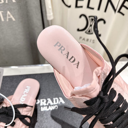 PRADA 25S MULES IN LIGHT PINK WITH METAL TOECAP