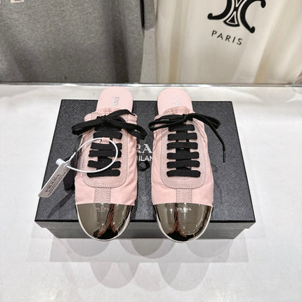 PRADA 25S MULES IN LIGHT PINK WITH METAL TOECAP