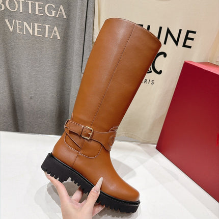 VALENTINO 26S KNEE HIGH BOOTS IN CAMEL BROWN CALFSKIN WITH LOGO STRAP