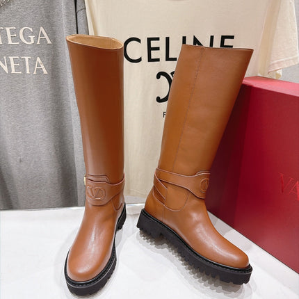 VALENTINO 26S KNEE HIGH BOOTS IN CAMEL BROWN CALFSKIN WITH LOGO STRAP