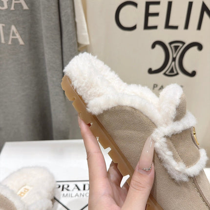 PRADA 26S MULE LOAFERS IN LIGHT BROWN SUEDE SHEARLING LINED