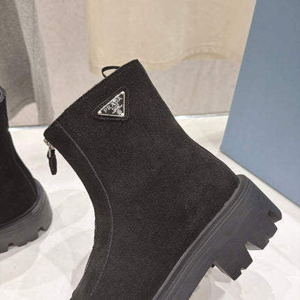 PRADA 26S FRONT ZIP CHUNKY HEEL ANKLE BOOTS IN BLACK SUEDE SILVER HARDWARE