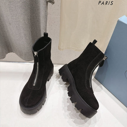 PRADA 26S FRONT ZIP CHUNKY HEEL ANKLE BOOTS IN BLACK SUEDE SILVER HARDWARE