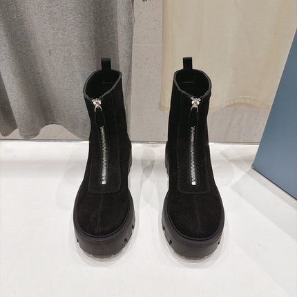PRADA 26S FRONT ZIP CHUNKY HEEL ANKLE BOOTS IN BLACK SUEDE SILVER HARDWARE