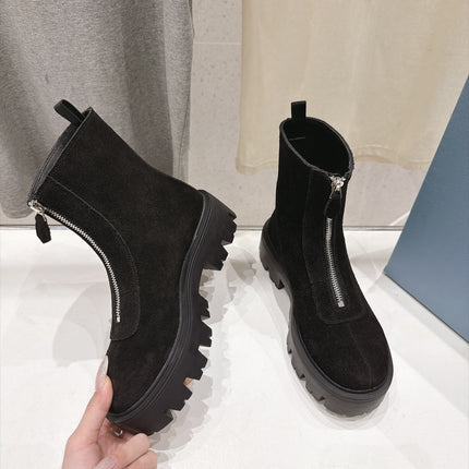 PRADA 26S FRONT ZIP CHUNKY HEEL ANKLE BOOTS IN BLACK SUEDE SILVER HARDWARE