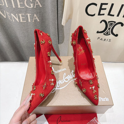 CHRISTIAN LOUBOUTIN 26S HIGH HEELS 105 MM IN RED SUEDE CRYSTALS AND METAL BEADS