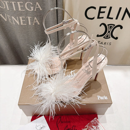 CHRISTIAN LOUBOUTIN 26S FEATHER TRIMMED HEEL SANDALS 105 MM IN LIGHT NUDE SATIN